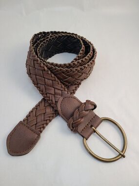 Braided Faux Leather Belt Brown Brass Ring Buckle Vintage Style Unisex Medium